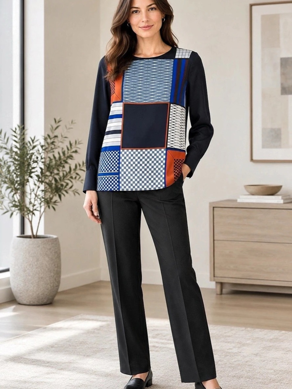 Judith & Charles Geometric Silk Blouse in Blue & Black Size 0 Like New